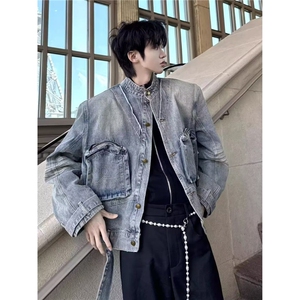 CY99-P78 多口袋工装牛仔外套男春秋款美式复古扎染上衣酷帅图片
