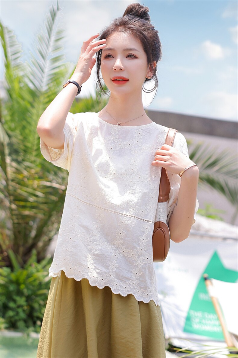 2022夏装新款舒适全棉提花短袖上衣,女装蕾丝衫/雪纺衫,木子恋