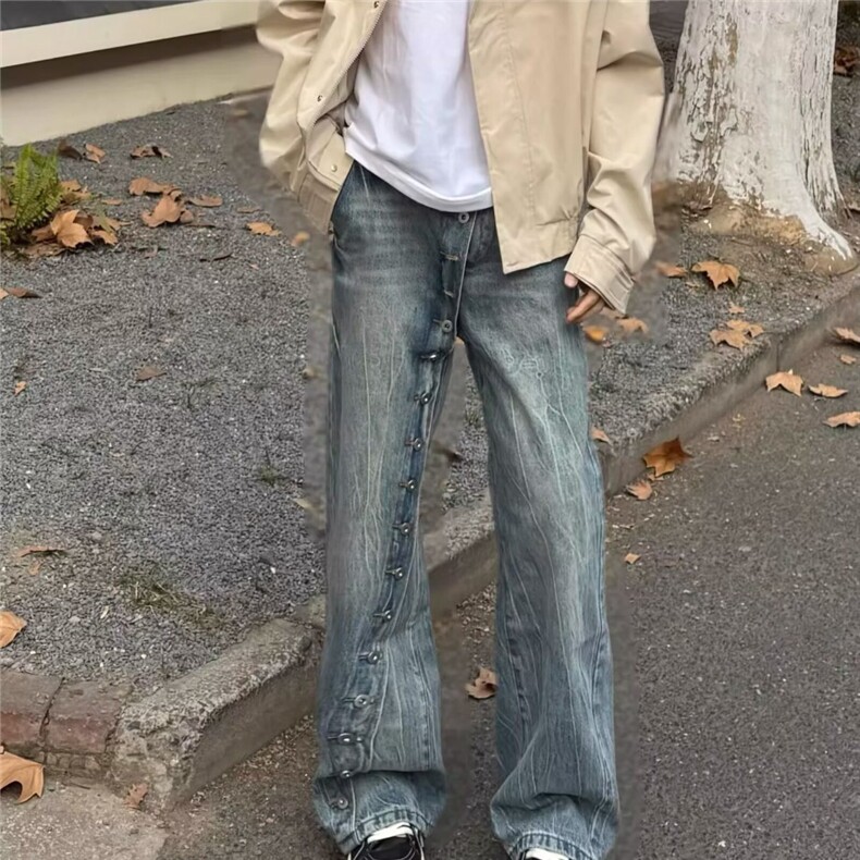 美式复古水洗斜门纽扣直筒牛仔裤男设计感小众宽松休闲百搭阔腿裤,男装牛仔裤,星座302B-2