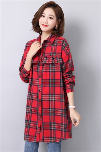 时尚潮流格子衬衫舒适长袖2025年秋季中长款休闲气质木耳边大码，女装衬衫，风姿绰
