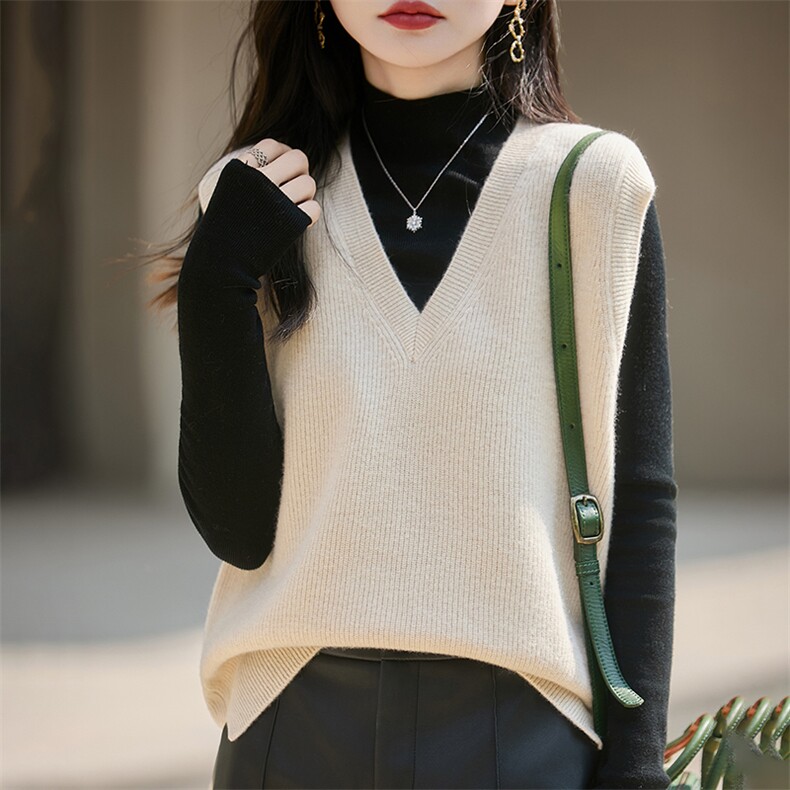 法式高端100纯羊毛针织马甲女2025新款V领无袖坎肩背心毛衣马夹潮,女装羊毛衫,朝辰羊绒