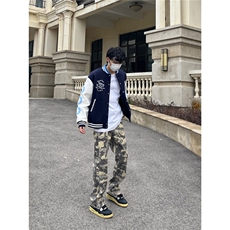 美式vibe迷彩直筒工装牛仔裤男hiphop高街复古微喇修身，男装牛仔裤，星座218-1（原230）