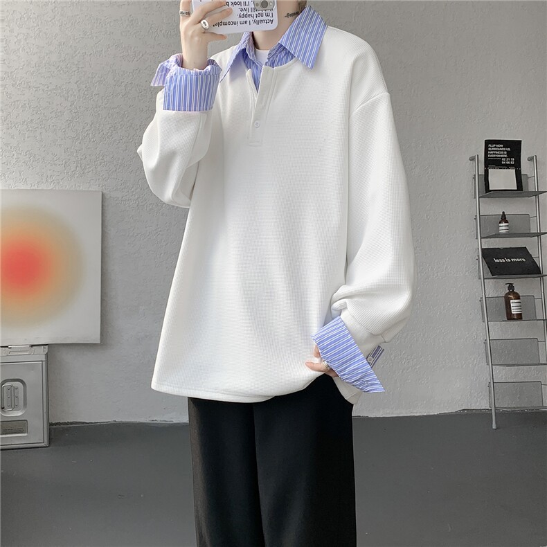 M-8XL假两件撞色polo衬衫翻领卫衣亨利领大码长袖上衣WY5117特P45,男装衬衫,电商B238