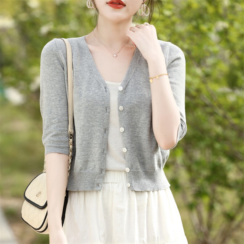 25纯棉高腰短款7分袖开衫，女装T恤，鑫源羊绒