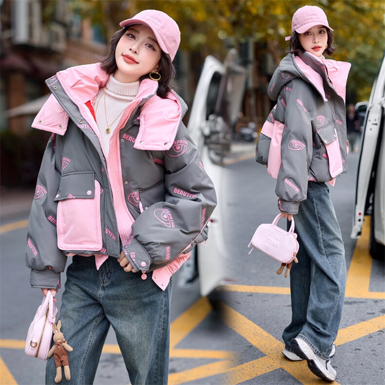 高级感撞色短款羽绒服女2024冬季新款加厚保暖超好看小个子面包服,女装羽绒服,雅静靓衣