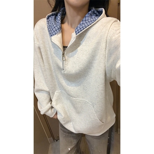 舒适通勤简约时尚外套学院清新格子帽半拉链卫衣HY922TP48控89图片