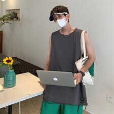 2025夏季马甲日系大码男双纱重磅破洞情侣无袖汗背心T264/P35控55,男装背心/马甲,星座608A
