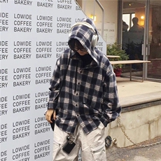 C144-P36磨毛连帽黑色格子衬衫男士春秋季韩版弧形下摆，男装衬衫，电商B323A
