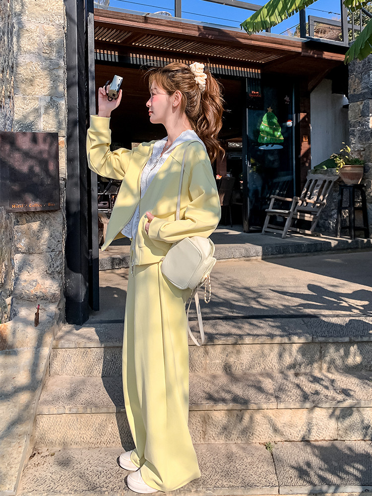 蕾丝拼接假两件卫衣休闲时尚套装裤女春季2025新款韩系学院风减龄,女装套装/套裙,浙宝A馆126