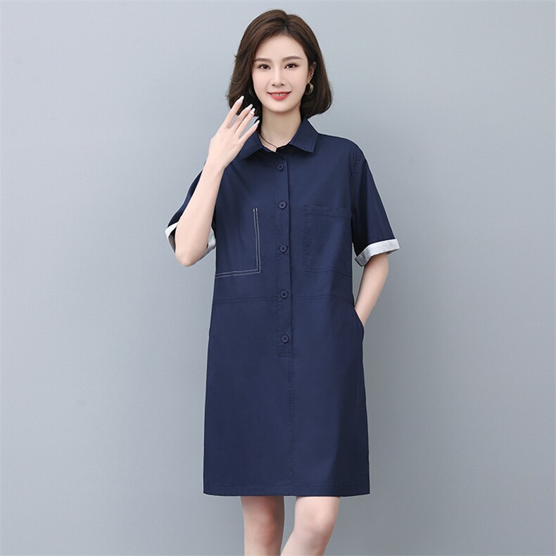 纯棉衬衫裙女夏2023新款中长款宽松休闲妈妈气质短袖直筒连衣裙,女装连衣裙,玛其路