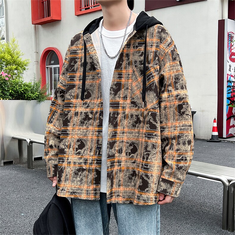 C877-P55M-6XL秋季新款大码美式复古宽松连帽衬衫外套,男装衬衫,星座109