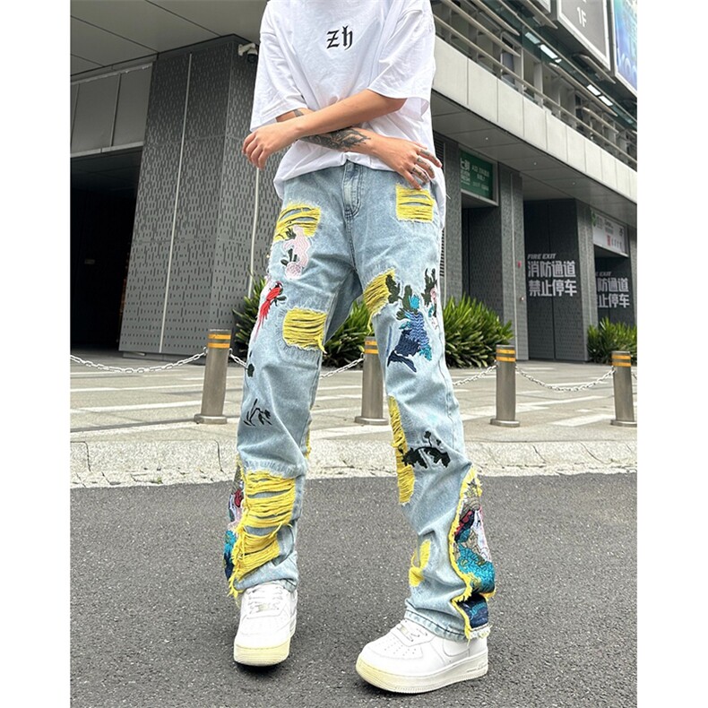 美式街头hiphop补丁刺绣破洞牛仔裤男士小众裤A068-KXSK126-TP80,男装牛仔裤,电商A068