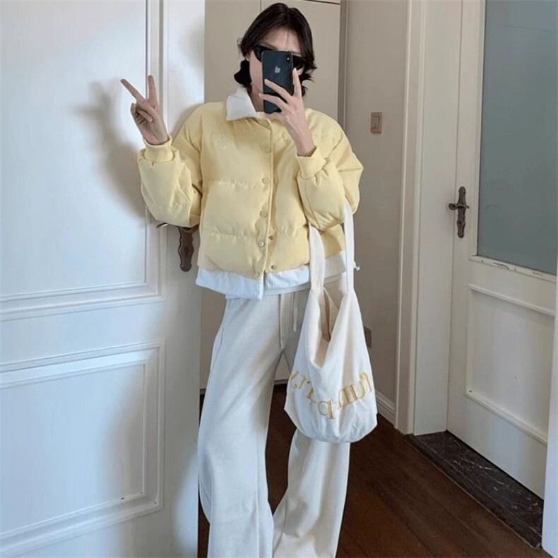 新款韩系温柔奶黄色撞色假两件翻领棉服女2025秋冬宽松面包服棉衣,男装棉衣,星座1210-1