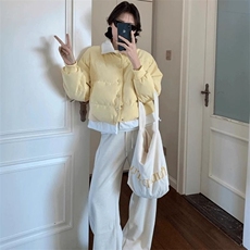 新款韩系温柔奶黄色撞色假两件翻领棉服女2025秋冬宽松面包服棉衣，男装棉衣，星座1210-1