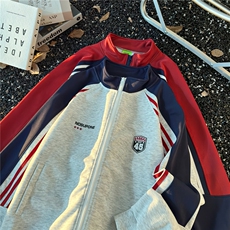 港风秋款男卫衣开衫三条杠条纹撞色印花运动夹克外套WY0052P45，男装夹克，星座1013-1