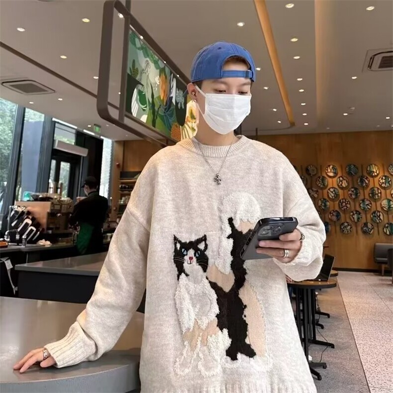 日系复古chic港味软糯猫咪毛衣外套男女秋冬小众oversize针织上衣,男装针织衫/毛衣,星座410-7