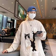 日系复古chic港味软糯猫咪毛衣外套男女秋冬小众oversize针织上衣，男装针织衫/毛衣，星座410-7