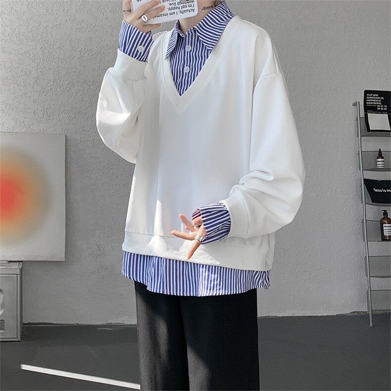 秋冬男士韩系学院风假两件卫衣宽松条纹拼接休闲上衣外套P65图片