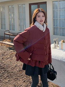 韩版短款羽绒服女2025冬季新款今年流行毛领收腰保暖外套酒红色图片