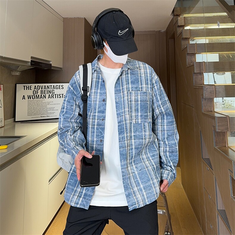 现货复古晕染格子长袖衬衫女高级感慵懒风外套男C19-P50控78,男装衬衫,星座205-5