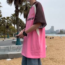 复古美式拼接撞色插肩袖polo衫男短袖夏季宽松潮牌T恤，男装T恤，星座716-4