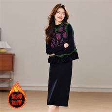 冬季新款加棉新中式圆领拼接丝绒设计款马甲气质优雅两件套裙女，女装套装/套裙，宝儿家