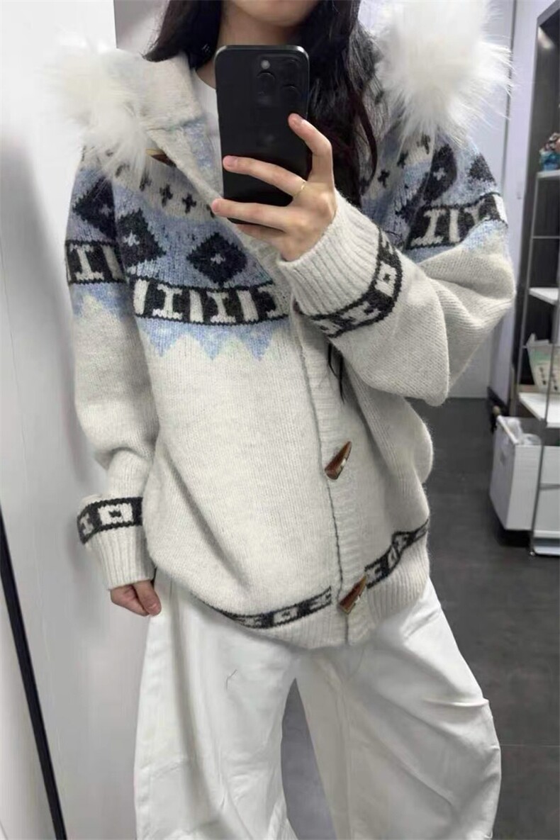 网图A2370P75-费尔岛毛领连帽针织开衫毛衣男女秋冬慵懒风外套,男装针织衫/毛衣,电商B241