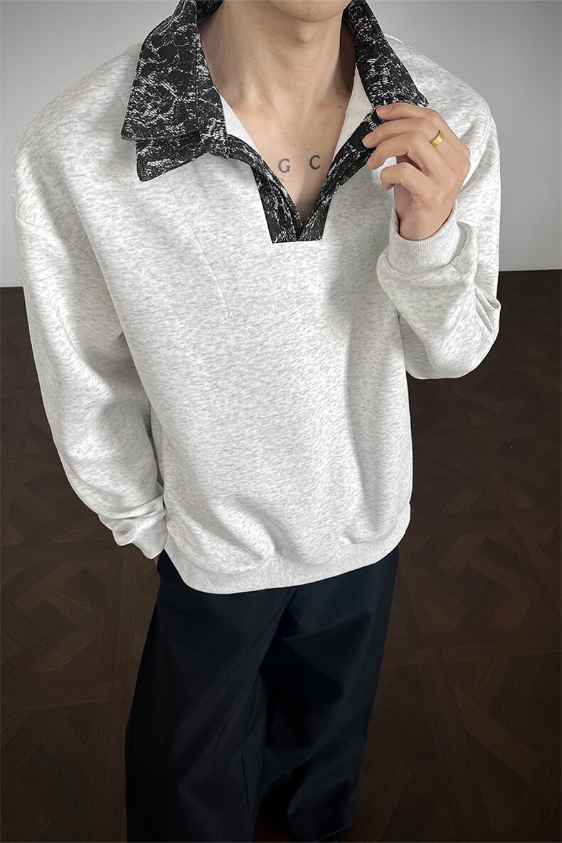 男士春秋卫衣设计款美式长袖打底衫polo衫假两件双领卫衣外套男,男装T恤,电商B319
