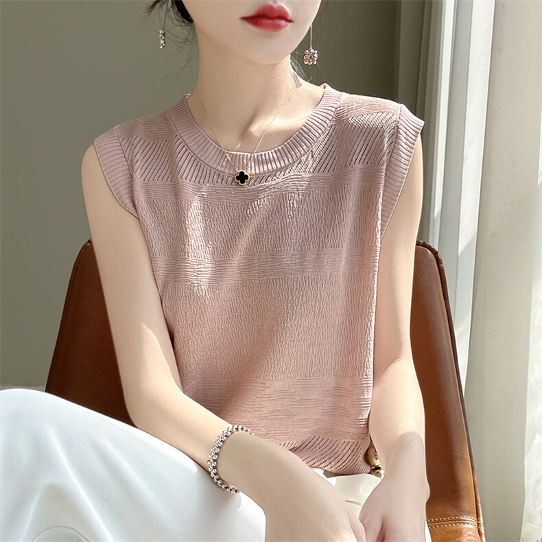 冰丝无袖背心女夏装2024新款短款镂空圆领内搭外穿马甲坎肩,女装背心吊带,皓宇羊绒