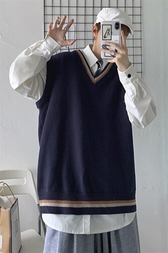 20秋冬 港风针织开衫V领毛衣马甲背心情侣JKDK学院风制服 W09/P55图片