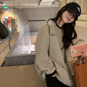 MN1031-P48 秋季新款圆领长袖卫衣女韩版上衣服条纹T恤打底衫女图片