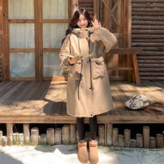 卡其色工装连帽派克服女冬季2025新款韩系中长款加绒加厚棉服外套，女装短外套，2B183