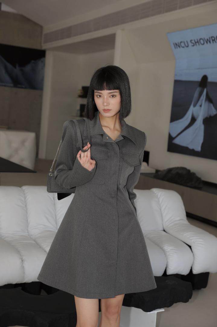 工装垫肩风衣裙短款，女装风衣，GN