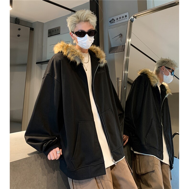 美式复古毛领情侣连帽拉链开衫卫衣秋冬男潮高级感外套D367P88,女装短外套,电商A335-1（原A458）