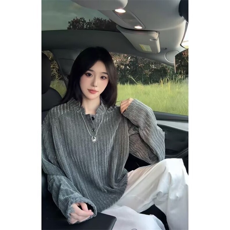 小香风鱼骨条纹无帽卫衣男款美式亨利领长袖t恤高级感内搭打底衫,男装T恤,电商B323A