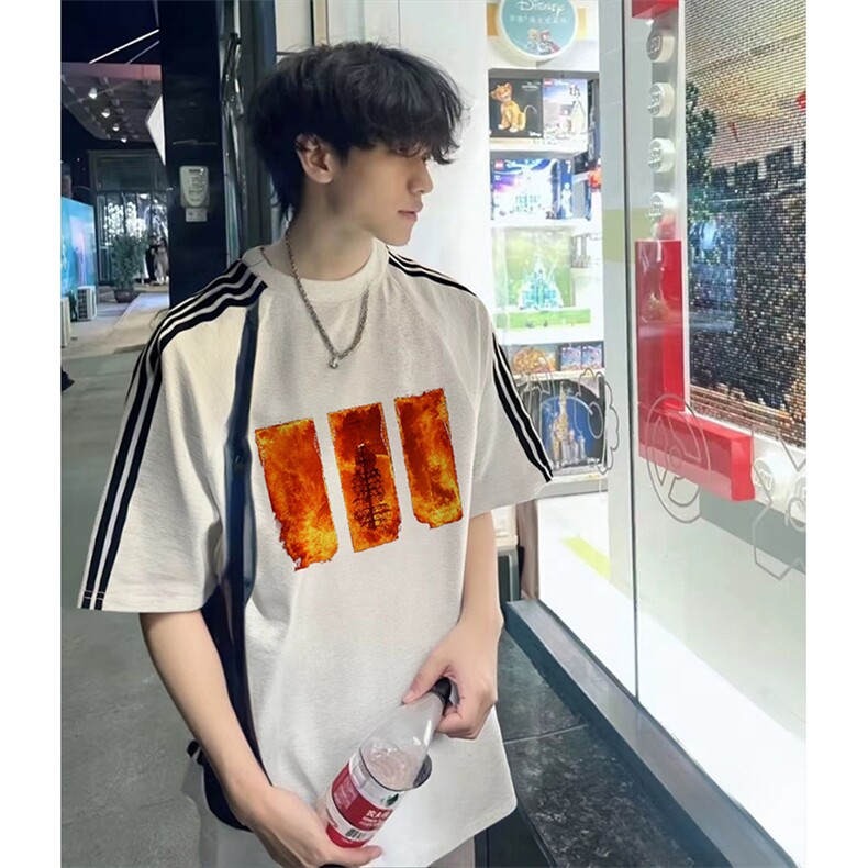 抖音得物品质二开240克宽松纯棉美式潮牌印花三条杠中性风短袖T恤,男装T恤,电商A486