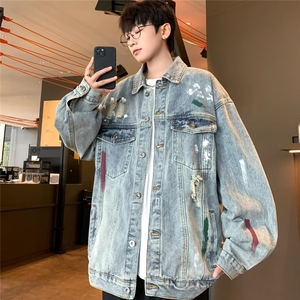 春秋破洞泼墨牛仔外套男休闲机车设计感复古百搭夹克N8633/P68图片