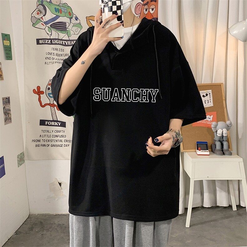 LD54229-P45连帽短袖t恤男大码胖子带帽五分袖中袖,男装T恤,电商A040