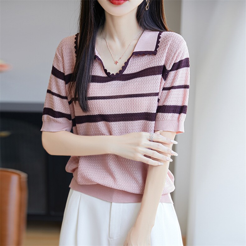 莱赛尔针织条纹短袖T恤女2025夏薄POLO领撞色宽松显瘦百搭上衣t恤,针织衫/毛衣,唐诺