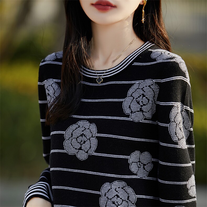 重工提花精纺羊毛长袖针织打底衫女2025新款舒适保暖柔软毛衣上衣,女装羊毛衫,片语羊绒