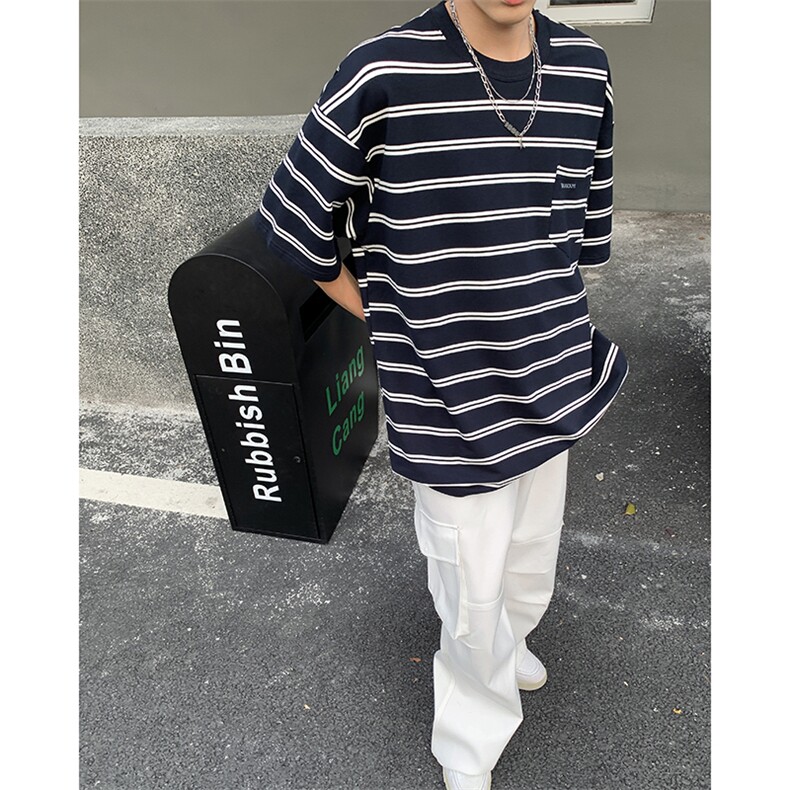条纹廓形休闲短袖T恤男夏季新款日系宽松圆领上衣,男装T恤,星座410-6（原星座1304-1）