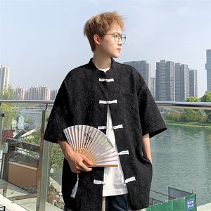 2026夏新款潮男新中式碎花盘扣短袖五分袖衬衫 CS380/特P35 黑色图片
