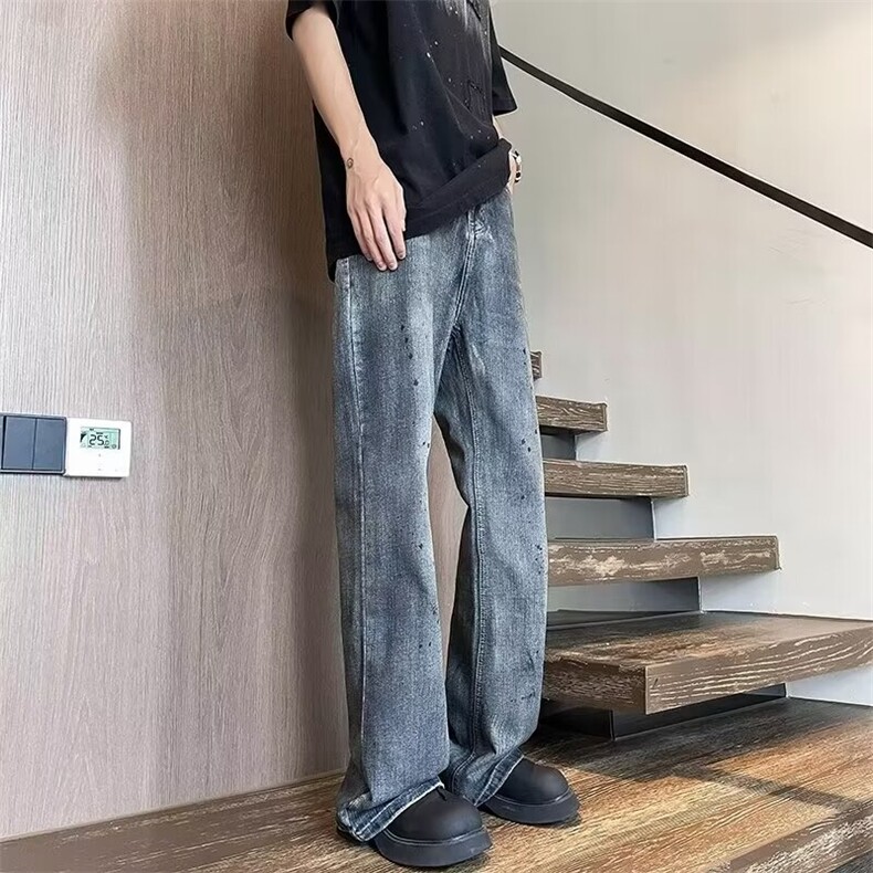 美式牛仔裤男士夏季泼墨设计感水洗渐变痞帅微喇裤子NG67,男装牛仔裤,星座1116A-1（原606A）