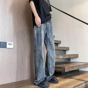 美式牛仔裤男士夏季泼墨设计感水洗渐变痞帅微喇裤子 NG67图片