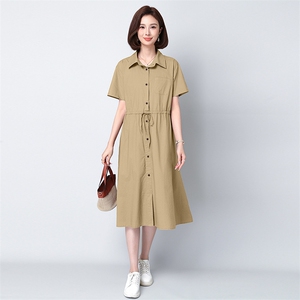 高档纯棉衬衫连衣裙女中长款2025夏新款系带收腰休闲气质减龄裙子图片