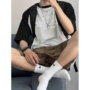 抖音得物高品质二开240克宽松纯棉美式潮牌插肩袖拼接短袖T恤图片