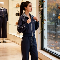 欧货时尚休闲运动套装秋季新款女双口袋立领卫衣直筒长裤两件套潮，女装套装/套裙，2C310