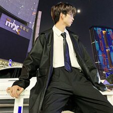 港风后背字母印花皮风衣男中长款过膝外套A090-FY90P115限138，男装风衣，电商A089-1
