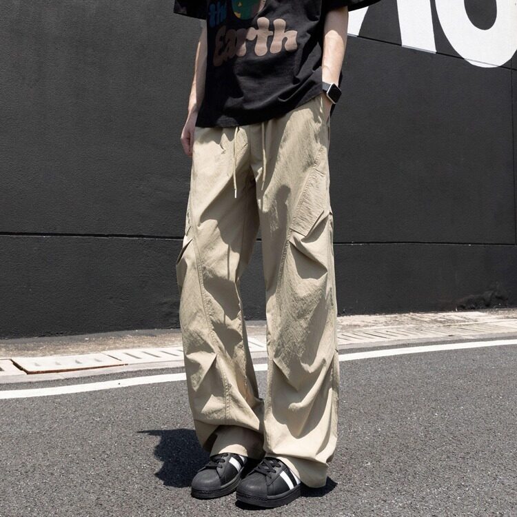 直筒伞兵裤夏季情侣宽松薄款褶皱休闲裤户外潮流工装裤男KQ87,男装工装外套,星座1116A（原606A-3）