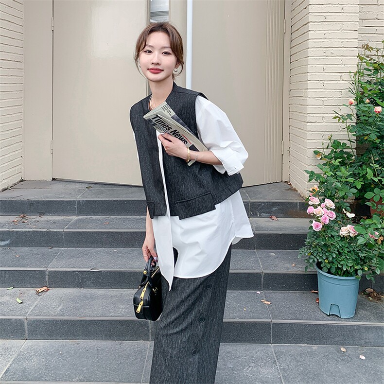 设计感假两件马甲衬衫套装女2025年秋季新款韩系穿搭阔腿裤两件套,女装套装/套裙,2C285